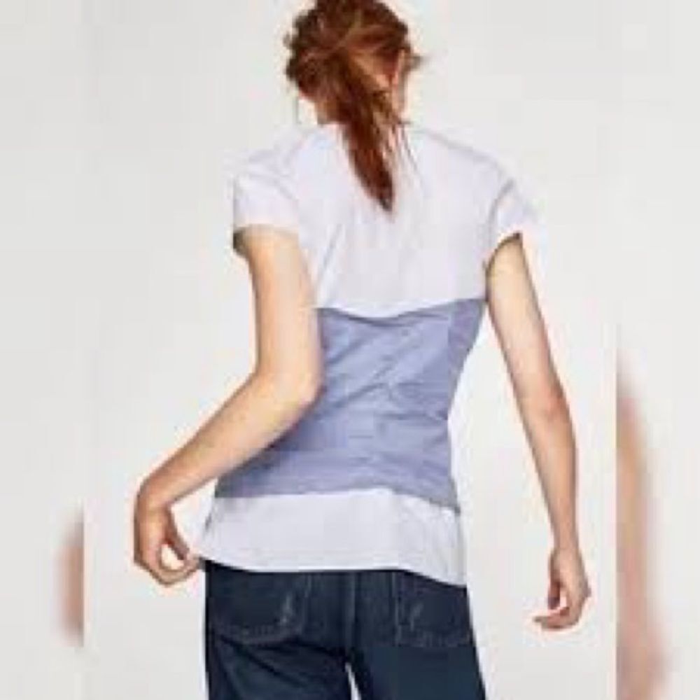 Zara White and Light Blue Ruched Front Short Sleeve Top - Picture 2 of 9